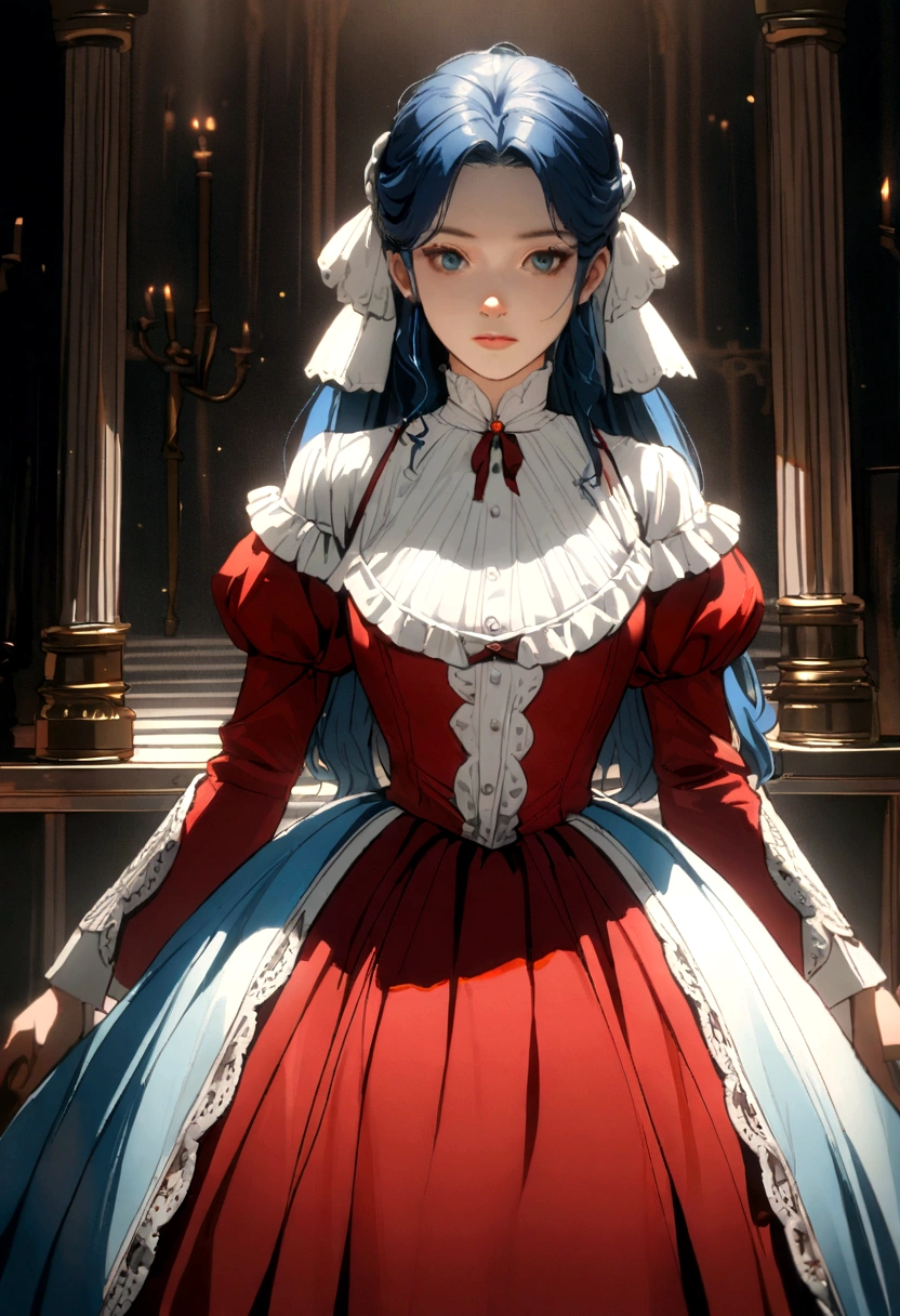 1860s peasant woman wearing elegant red white blue colored dress