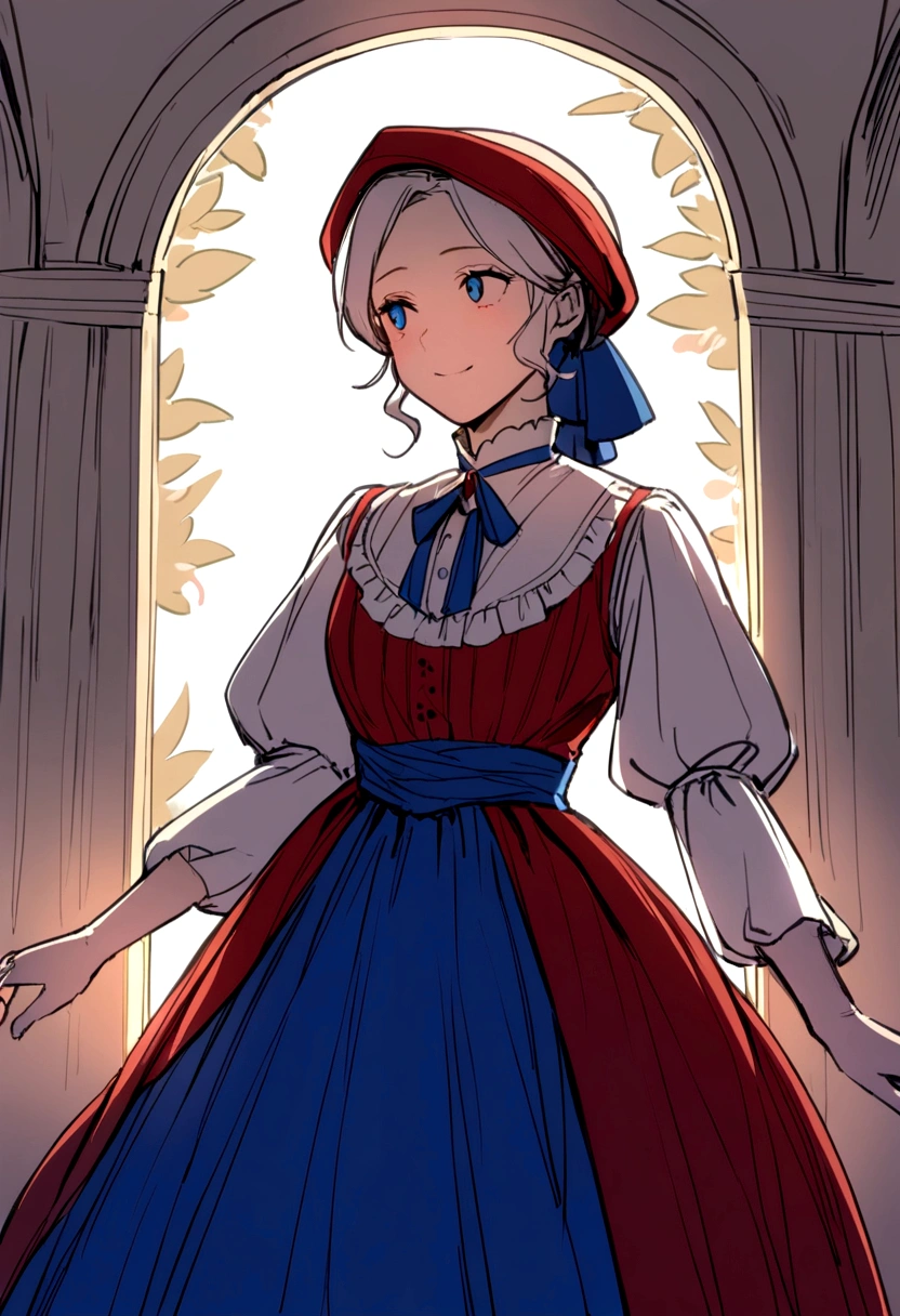 1860s peasant woman wearing elegant red white blue colored dress