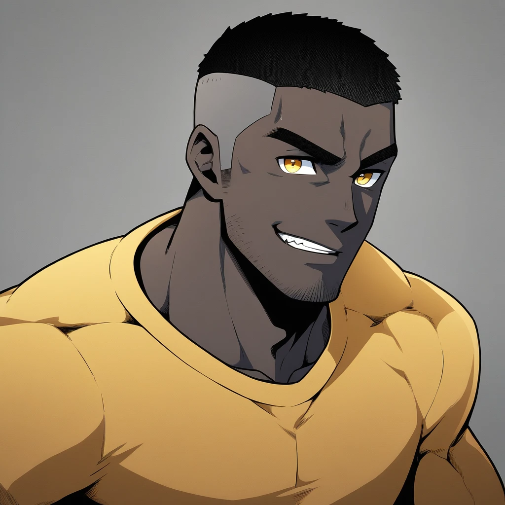 anime characters:Gyee, Young Muscle Sports Student, negro black skin, Buzz Cut, Manliness, male focus, Dark yellow long sleeve tight T-shirt, Slightly transparent texture, Very tight, Slightly transparent, muscular male, muscular, only, Upper body, alone, Black short hair, Thick eyebrows, stubble, Yellow eyes, Grey background, simple background, amazing quality, best aesthetics, Ridiculous, bright pupils, crew cut, parted lips, seductive smile, torogao, naughty face, best quality