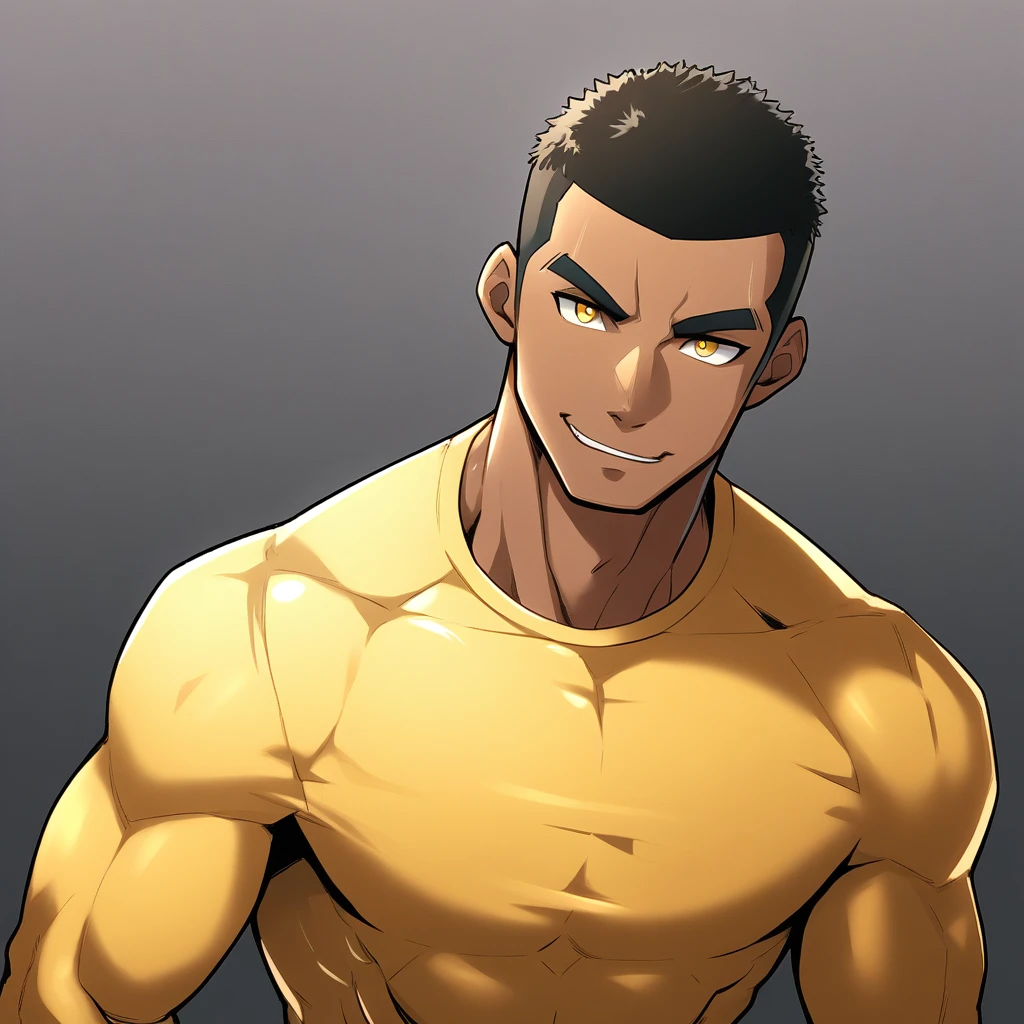 anime characters:Gyee, Young Muscle Sports Student, negro black skin, Buzz Cut, Manliness, male focus, Dark yellow long sleeve tight T-shirt, Slightly transparent texture, Very tight, Slightly transparent, muscular male, muscular, only, Upper body, alone, Black short hair, Thick eyebrows, stubble, Yellow eyes, Grey background, simple background, amazing quality, best aesthetics, Ridiculous, bright pupils, crew cut, parted lips, seductive smile, torogao, naughty face, best quality