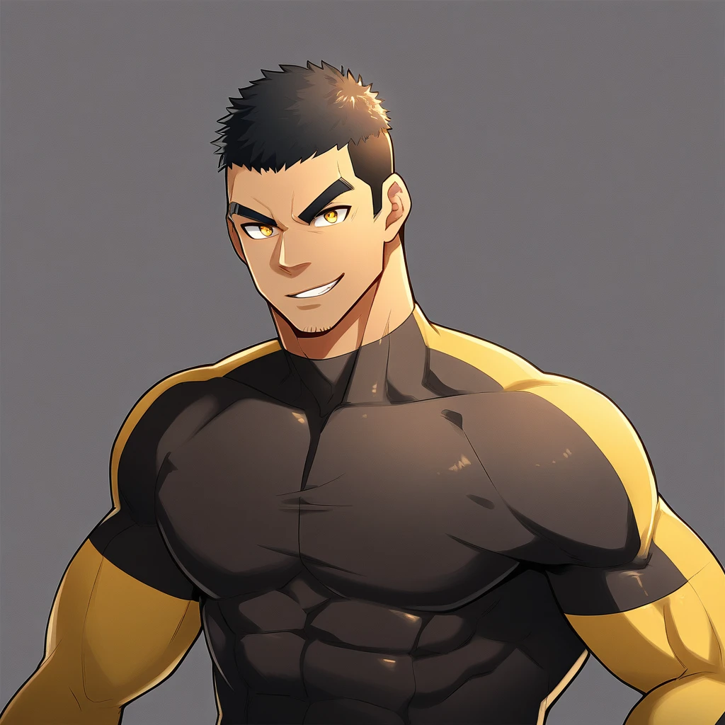 anime characters：Gyee, Young Muscle Sports Student, negro black skin, Buzz Cut, Manliness, male focus, Dark yellow long sleeve tight T-shirt, Slightly transparent texture, Very tight, Slightly transparent, muscular male, muscular, only, Upper body, alone, Black short hair, Thick eyebrows, stubble, Yellow eyes, Grey background, simple background, amazing quality, best aesthetics, Ridiculous, bright pupils, crew cut, parted lips, seductive smile, torogao, naughty face, best quality