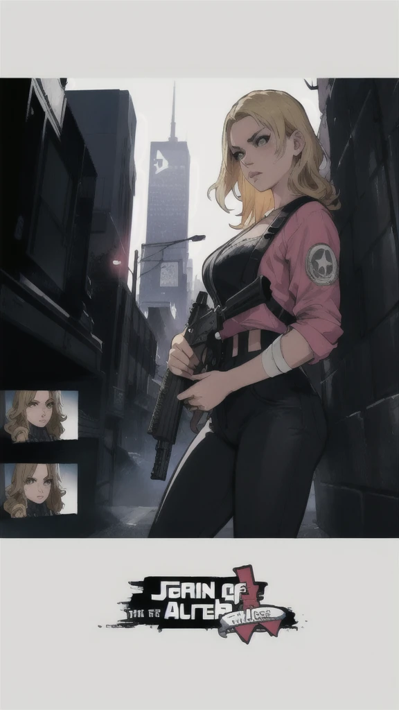 GTAV Loading Screen 2D Graphics, wide angle, whole body, blonde girl holding a machine gun and shooting, GTA5 character, cinematographic composition, in front of a city, shadow, bright cinematic lighting, soft contrast, GTA5 loading screen, gta art, 4K Wallpaper, 4K Wallpaper, high quality 4k wallpaper, gta loading screen graphics, arte the fan, art of rockstar games