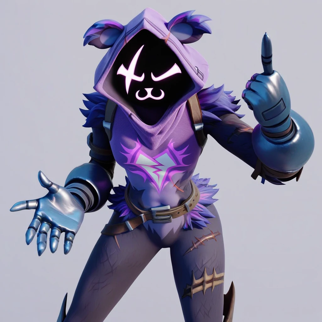 Raven team leader,purple hoodie, with no face, shadowed face, animal ears,purple skin, scar on eye, body skin, purple fur, waist belt, torso symbol, metal gloves, pointing your ass at the viewer, leaning forward, pushing, she closes her eyes, hands resting on top of a small wall, her with her eyes closed, hands are not in the air, expression of force, stomachache, stomach growling. day Of course