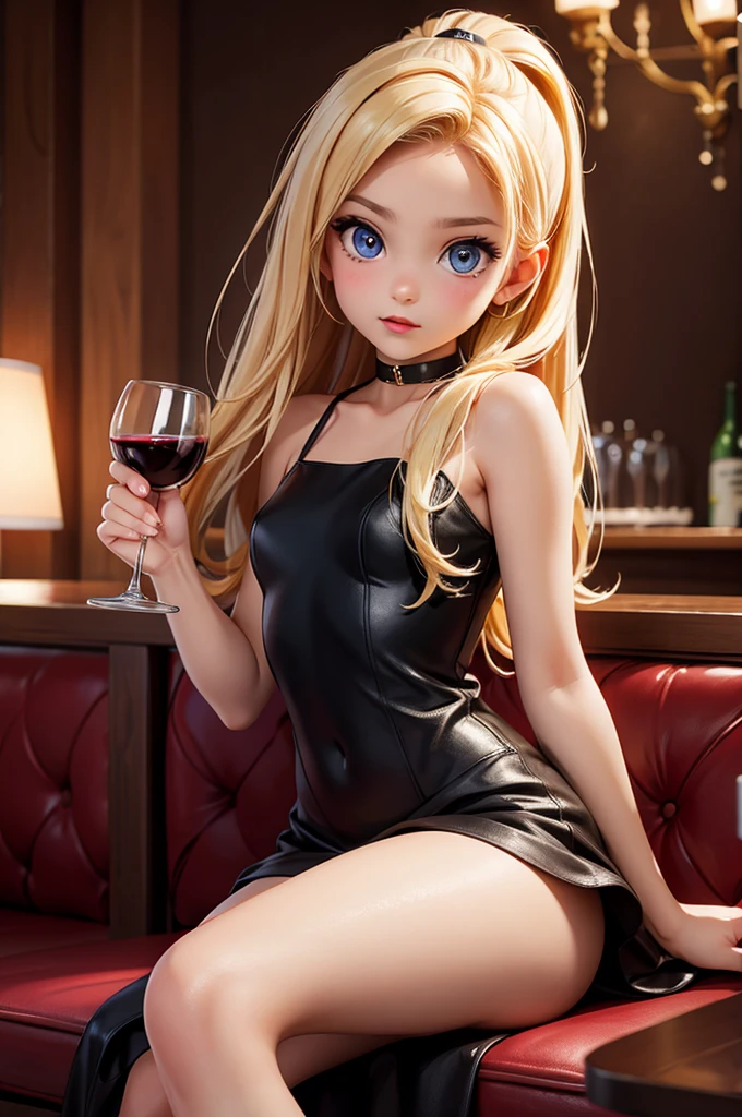 (bar) (night) hyperrealistic 14 year old american teen, blonde, perfect tiny body, ????, dark makeup, perfect slim face, big red lips, very cute face, tiny body, big eyes, young looking, childish looking, tight black dress, holding a glass of wine, sitting
