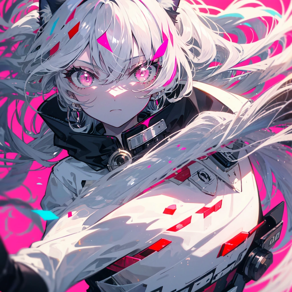 pretty girl, Medium chest,Cat ear, Beautiful silver hair,Pink inside,Beautiful pink eyes