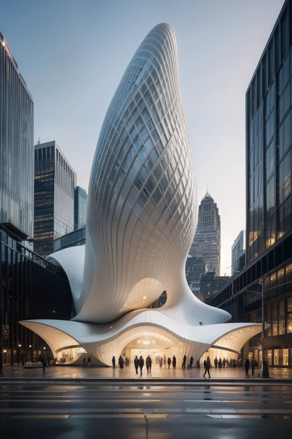 ((Best Quality)), ((Masterpiece)), (detailed), Front facade exterior far away view, concert hall in a the center of cosmopolitan city, organic form, forma parametric, white and modern materials, large crystals, zaha hadid architects ola shape, minimalistic curves