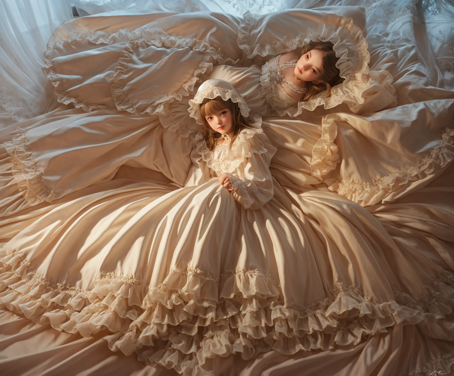 highest quality, masterpiece, Highest Resolution, artwork, super Get used to it, many become close, become close, Get used to it,change,,girl, (((()))),European,blonde,blue eyes,Nightwear,((((White nightgown)))),((フリルとリボンの付いたWhite nightgown)),((1920s style nightgown)),((Frill and ribbon nightcap)),victorian nightgown,Yoke collar with ruffles and bow,Ruffled long sleeves,Long skirt up to the ankles,((The whole body is reflected)),(Inside the palace),(in the bedroom at night),(Luxurious rococo canopy bed),Before bedtime,White frilly socks,A deep background。