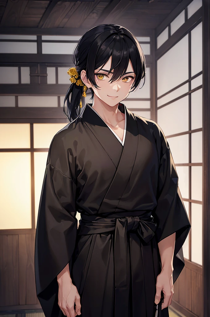 (masterpiece; best quality: 1.2), (finely detailed eyes: 1.3), ((1 young man)), ((solo)), (yellow eyes: 1.4), (masculine; lean, toned: 1.3), (short black hair in low ponytail: 1.3), (beautiful and clear background: 1.2), ((depth of field)), (clothes: all-black ronin hakama + all-black ronin kimono: 1.3), (anime illustration: 1.2), (background; old japanese mansion exterior+ night: 1.1), (extremely fine and handsome: 1.1), (shot composition; standing + close-up: 1.5), (expression; calm, smile: 1.2)