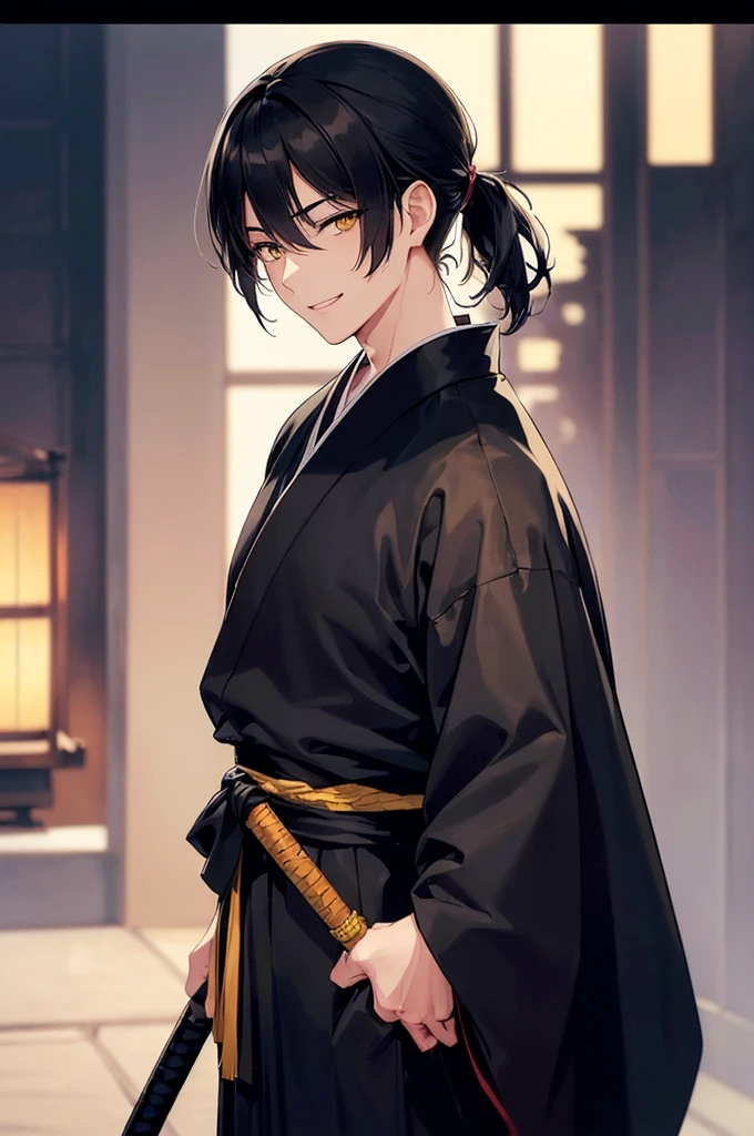 (masterpiece; best quality: 1.2), (finely detailed eyes: 1.3), ((1 young man)), ((solo)), (yellow eyes: 1.4), (masculine; lean, toned: 1.3), (short black hair in low ponytail: 1.3), (beautiful and clear background: 1.2), ((depth of field)), (clothes: all-black ronin hakama + all-black ronin kimono: 1.3), (anime illustration: 1.2), (background; old japanese mansion exterior+ night: 1.1), (extremely fine and handsome: 1.1), (shot composition; standing + close-up: 1.5), (expression; calm, smile: 1.2)