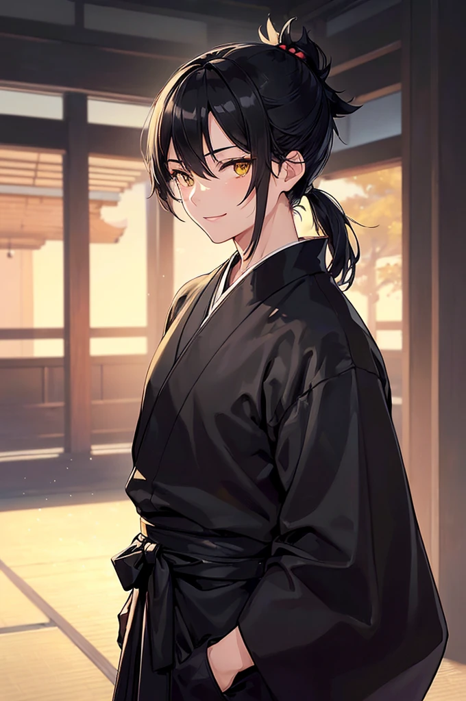 (masterpiece; best quality: 1.2), (finely detailed eyes: 1.3), ((1 young man)), ((solo)), (yellow eyes: 1.4), (masculine; lean, toned: 1.3), (short black hair in low ponytail: 1.3), (beautiful and clear background: 1.2), ((depth of field)), (clothes: all-black ronin hakama + all-black ronin kimono: 1.3), (anime illustration: 1.2), (background; old japanese mansion exterior+ night: 1.1), (extremely fine and handsome: 1.1), (shot composition; standing + close-up: 1.5), (expression; calm, smile: 1.2)