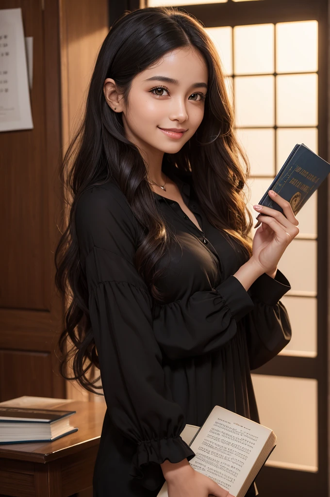 beautiful girl, smiling, brown kitten eyes, long curly hair, black skin, with a black blouse, with a book in her hands with the phrase 
"The Lord is my shepherd and I shall not want anything."