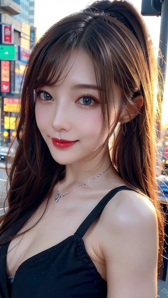 Urban beautiful girl college student, masterpiece, light makeup, Red lips, Silver Hair, Disheveled long hair, Street background, beautiful, elegant. Extremely fine detail, Master Works, Authentic texture, Realism in film lighting, Perfect job, 16K, High resolution, exquisite features,blue eyes、Japanese Idols、beautiful顔、Cute Smile、Brown Hair、beautiful hair、ponytail、glamorous、 Big Breasts、Nipples、Oily skin、Shiny skin、Sunburned skin、Shining black skin、sexy camisole,Thong, Bright big eyes, Smooth Skin, Earrings, necklace,Look forward
