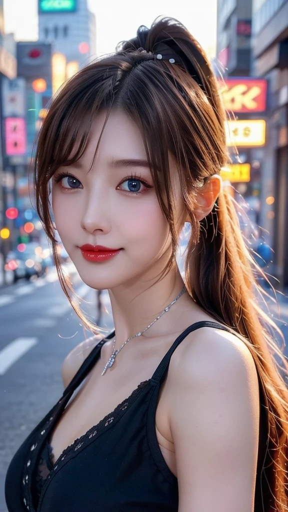 Urban beautiful girl college student, masterpiece, light makeup, Red lips, Silver Hair, Disheveled long hair, Street background, beautiful, elegant. Extremely fine detail, Master Works, Authentic texture, Realism in film lighting, Perfect job, 16K, High resolution, exquisite features,blue eyes、Japanese Idols、beautiful顔、Cute Smile、Brown Hair、beautiful hair、ponytail、glamorous、 Big Breasts、Nipples、Oily skin、Shiny skin、Sunburned skin、Shining black skin、sexy camisole,Thong, Bright big eyes, Smooth Skin, Earrings, necklace,Look forward