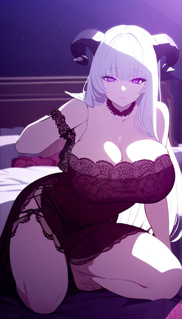 a girl with long white hair, purple eyes, wearing a red lace dress, kneeling on a large bed, in the dark with violet tones, ????, sensual,black goat horns,voluptuous 