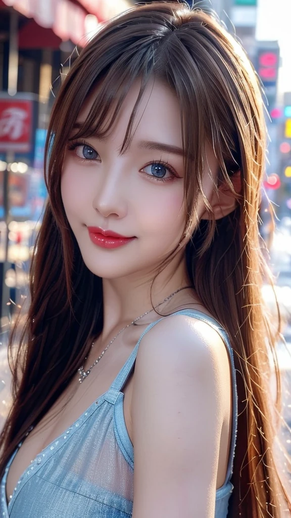 Urban beautiful girl college student, masterpiece, light makeup, Red lips, Silver Hair, Disheveled long hair, Street background, beautiful, elegant. Extremely fine detail, Master Works, Authentic texture, Realism in film lighting, Perfect job, 16K, High resolution, exquisite features,blue eyes、Japanese Idols、beautiful顔、Cute Smile、Brown Hair、beautiful hair、ponytail、glamorous、 Big Breasts、Nipples、Oily skin、Shiny skin、Sunburned skin、Shining black skin、sexy camisole,Thong, Bright big eyes, Smooth Skin, Earrings, necklace,Look forward
