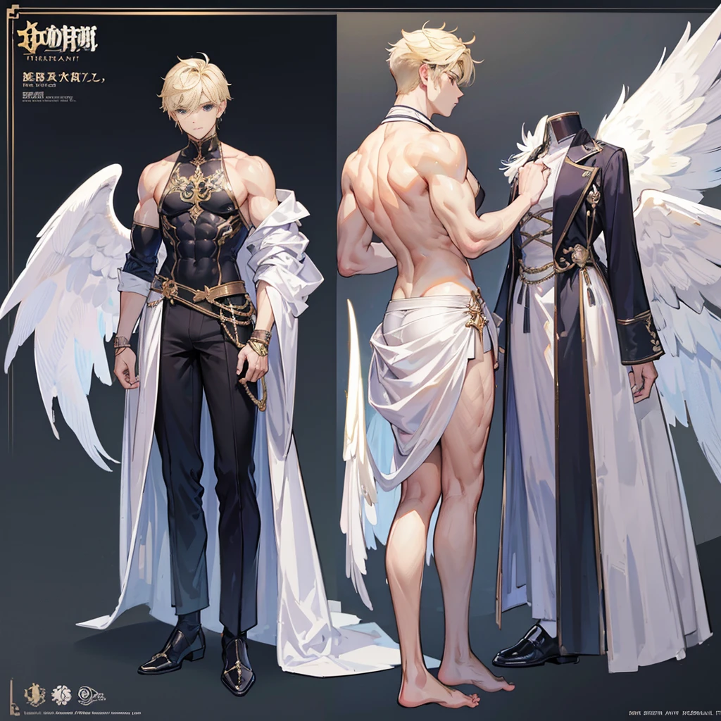 (Masterpiece, best quality), detailed, 1 man, ((character concept art)), ((character design sheet, same character, front, side, back)), full body, body complete, 1 Male angel, 1 Man angel, Detailed face, character design sheet，full bodyesbian, Highly detailed, character sheet, character design, Many parts, dark skin, angel wings, short blonde hair, angel outfit, muscle male god, male clothes, masculine, muscle man, male muscle, manly, male angel, Muscle male with short blonde hair，beautiful man, beautiful boy, abs, pectoral muscle