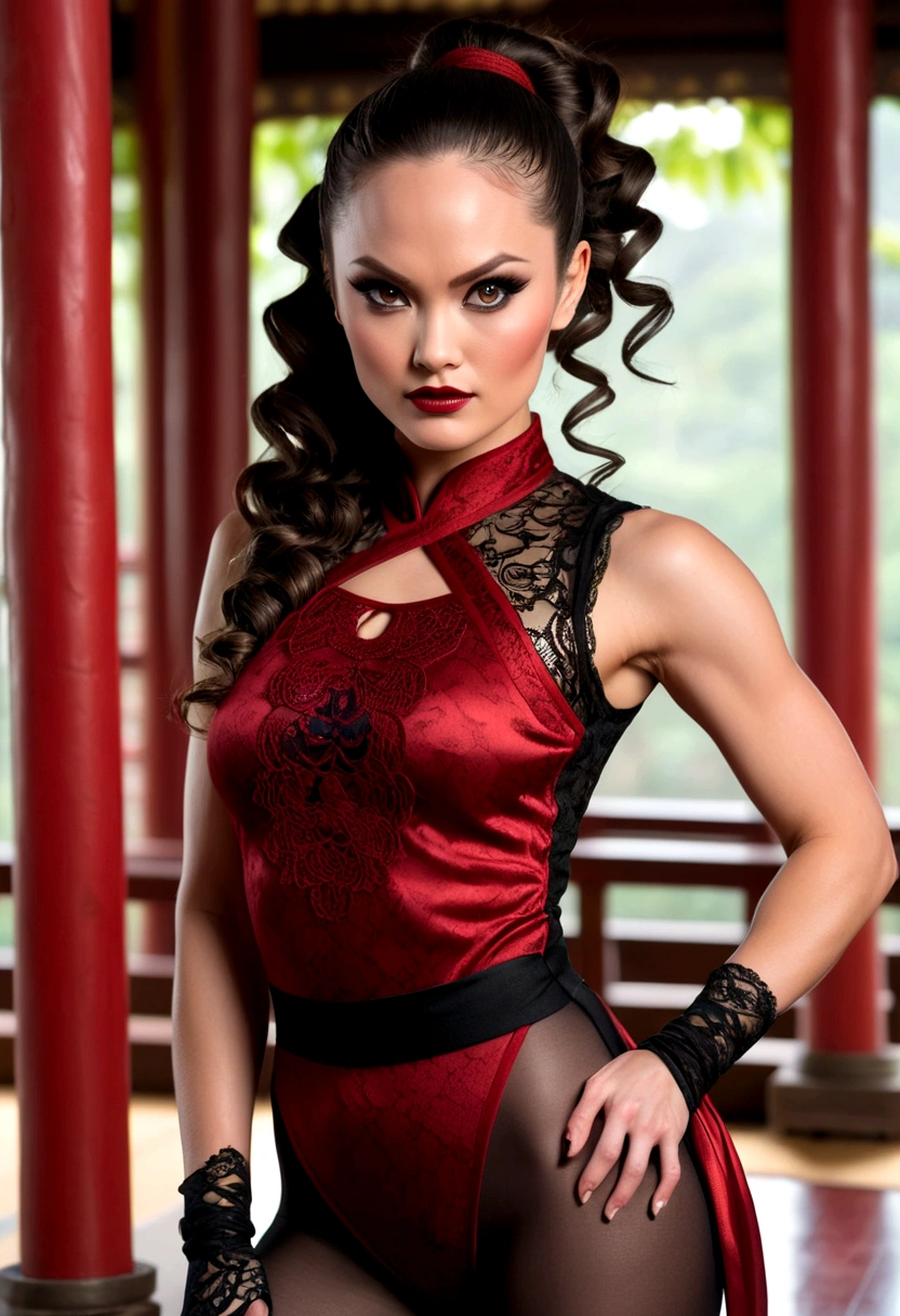 Tori Black asian ninja warrior, ringlets wavy five feet long black hair, updo hairstyle with ponytail on one side, dark red glossy lips, heavy black eye shadow long black eyeliner, black lace beautiful and creative sleeveless ninja warrior bodysuit, forehead lace ornament, posing in a Shaolin temple interior, happy expression dark ambience. No faces on her chest!