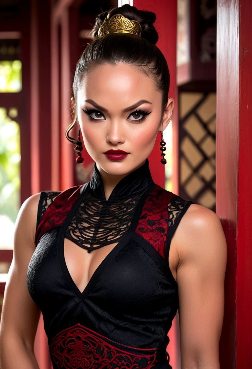 Tori Black asian ninja warrior, ringlets wavy five feet long black hair, updo hairstyle with ponytail on one side, dark red glossy lips, heavy black eye shadow long black eyeliner, black lace beautiful and creative sleeveless ninja warrior bodysuit, forehead lace ornament, posing in a Shaolin temple interior, happy expression dark ambience. No faces on her chest!