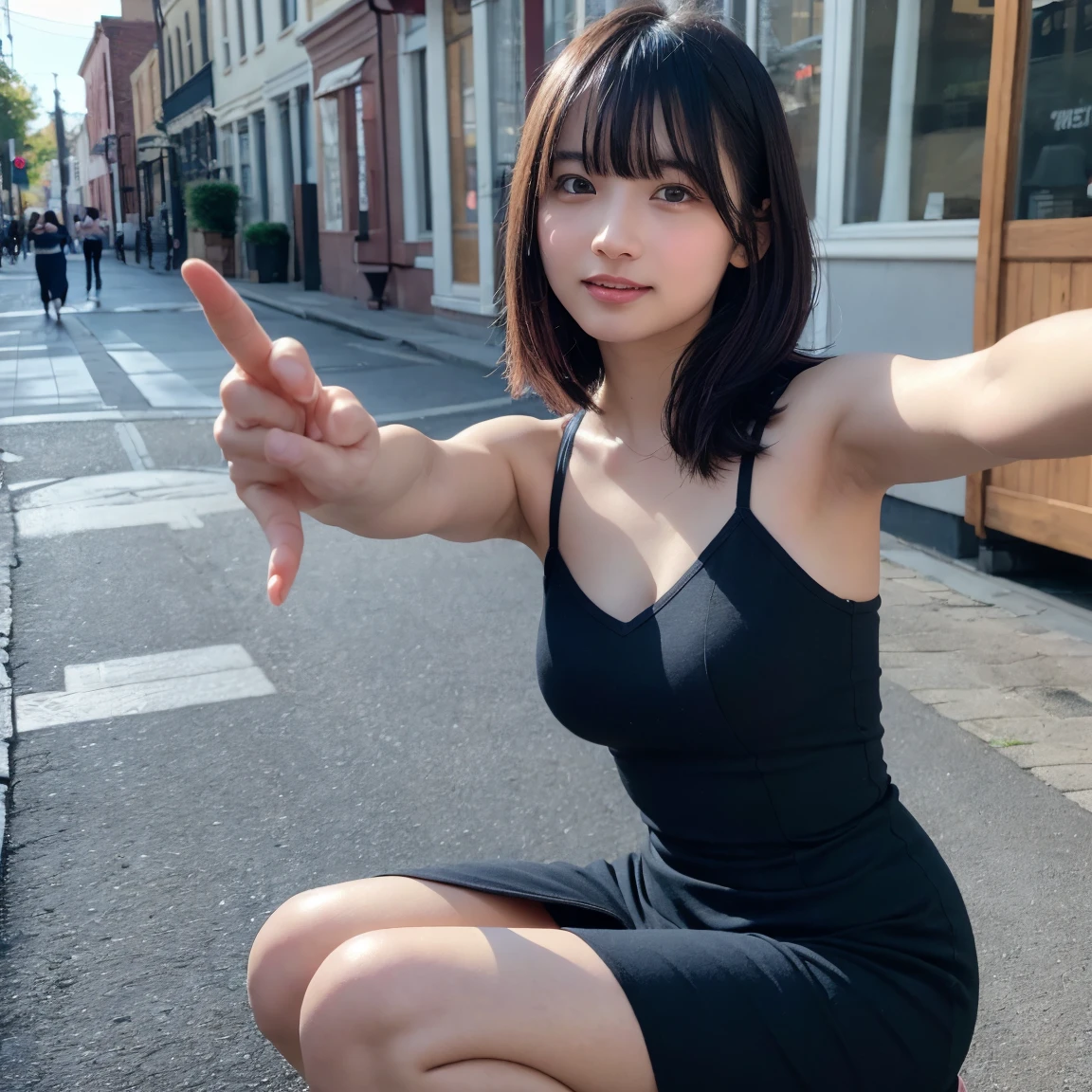 a (selfie:1.2) of a pretty (young:1.5) 1girl, (age:1.5), Skin lustRembrandt lighting, wearing loan officer outfits, (contrasting colors hair, bangs hair:1.36), Various postures, crazy smile, skinny, in the (in main street:1.4), her peaceful expression and gentle breathing create a calming atmosphere, natural skin texture, hyperrealism, hdr, hyperdetailed, RAW photo, photorealistic, best quality, highres, realistic, 8k, caustics, dynamic light, beautiful and delicate lips, delicate fingers, detailed pupil, real human skin, showing armpit, arms up, sexy blafishnet dress, squatting, can see a bit of underwear