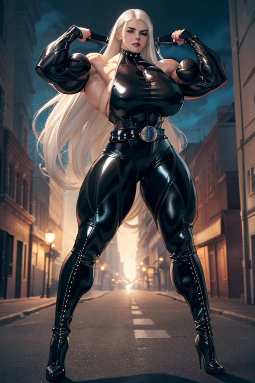 (((Massive tall, beautiful, buff, light brown skinned muscular woman with white hair, black lipstick, ginormous bulky muscles and wearing a beautiful black latex bodysuit with latex pants))), {close view}, massive muscles, massive biceps, hyper muscle shoulders, massive muscle arms, vascular shoulders, hyper muscle triceps, (long straight hair), ((beautiful latex bodysuit)), blue eyes, studded gauntlets, gloves, choker, (beautiful black latex pants with belt), high heels boots, in a dark street, closed smile, morning, hyper vascular arm, hyper muscles arms, hyper muscle legs, massive arms