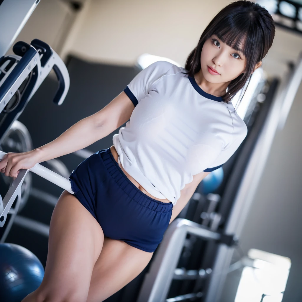 8k、high resolution、masterpiece、realistic、In detail、Fine texture、portrait from head to toe、high contrast、alone、high school girl、natural body shape、white skin、natural makeup、black hair、bangs、straight long hair、((School-specified gym clothes)), ((The upper body is a long, short-sleeved white gym uniform.、The lower body is super high leg cut dark blue tight bloomers))、sitting with legs apart、big breasts、、((The upper body is wearing small gym clothes))、((school classroom))、looking at the camera、、full body photo、focus on crotch、thighs exposed、white socks、white shoes