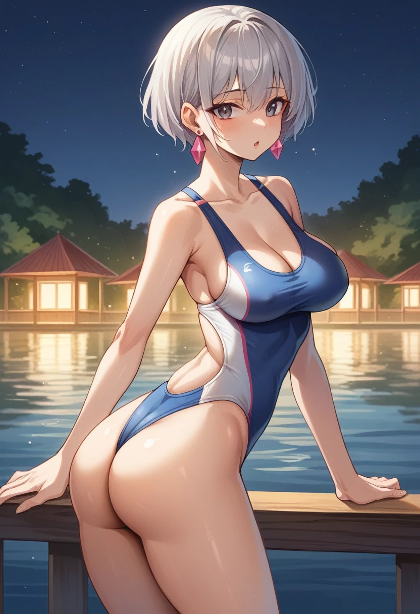 1 girl, aldult, Lake view, night, short hair，Deep V neckline，Large V-neck competitive swimsuit，large crystal earrings，被Big Ass撑起来的竞技泳衣，huge ，Showing breasts，Showing breasts，Relatively tall，Slim waist，Big Ass，Being touched on the butt by a young boy