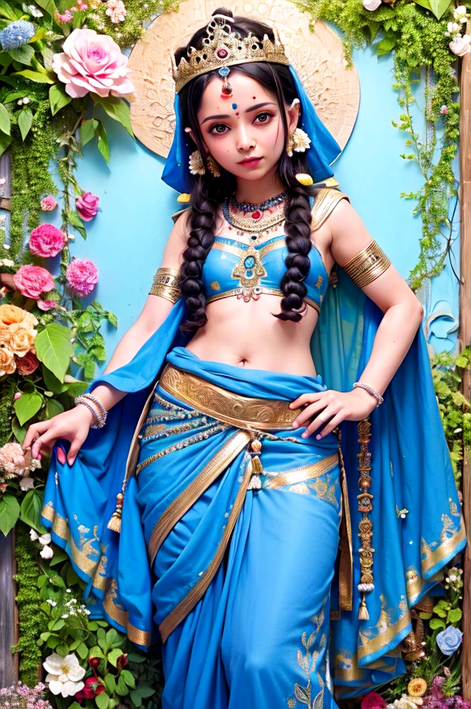Lord Radha krishn krishn is blue in skin clour . Lord Radha waring anciant Indian cloth and Krishn waring anciant cloth .Lord Radha is girl .lord krisn is boy . Kedarnath baground flower