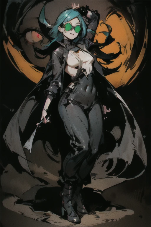 Black workwear jumpsuit、Costume with glowing yellow-green linesを着た女性, cyber punk, Hard Rock Metal, Mosh Pit, (Highest quality,4K,8K,High resolution,masterpiece:1.2),Live Stage、Costume with glowing yellow-green lines、Large sunglasses,Punkish hairstyle、Full body portrait、dynamic dancing
