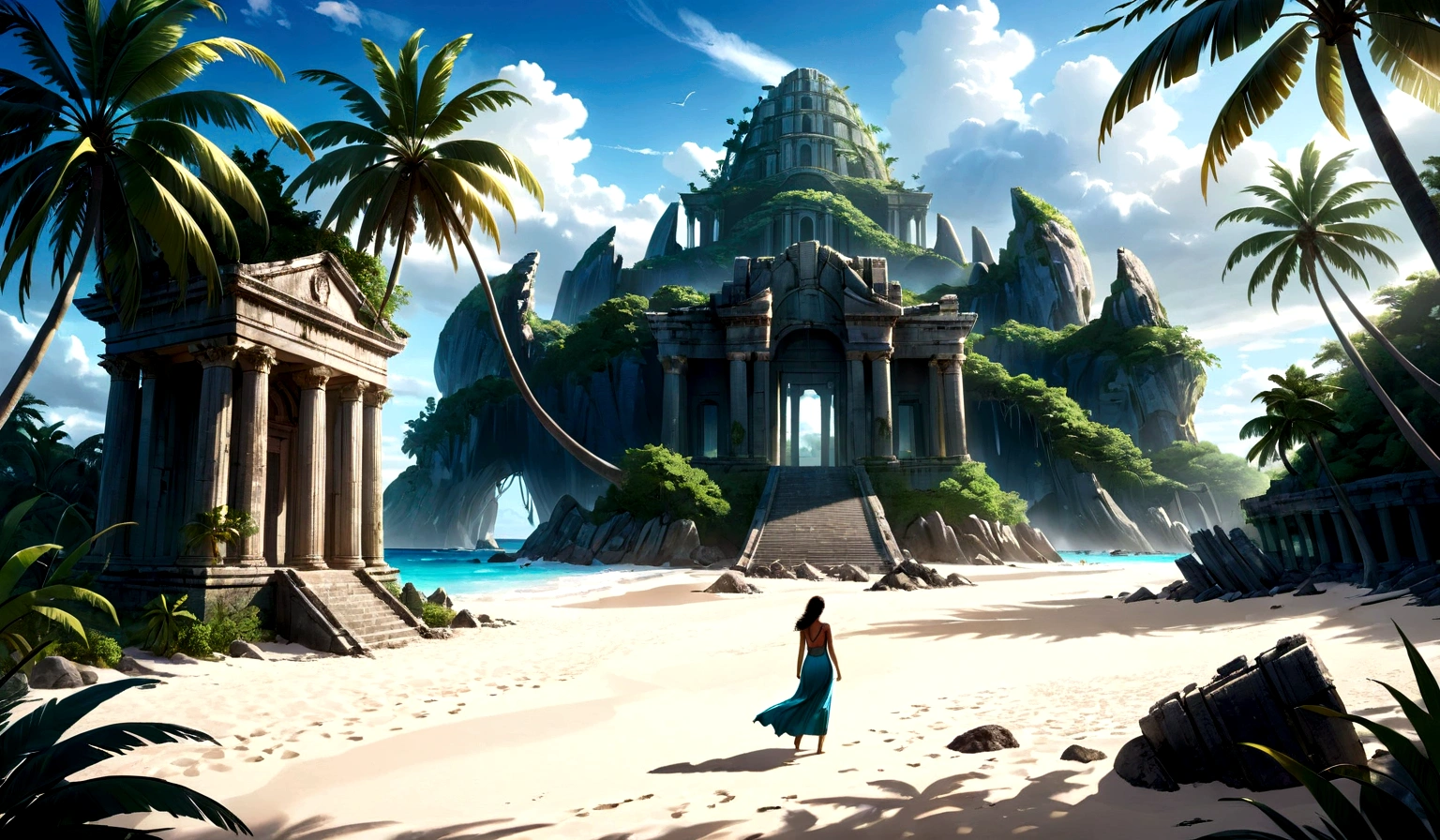 (best quality,:1.2), 8K, Human Development Report, Extremely detailed, ((Reality)), Perfect anatomical structure, 专业light, light, fashion photography, Ambient Lighting,worse , Tropical Islands, Beach, There is a ruined temple in the distance, In the Caribbean, epiC Photos
