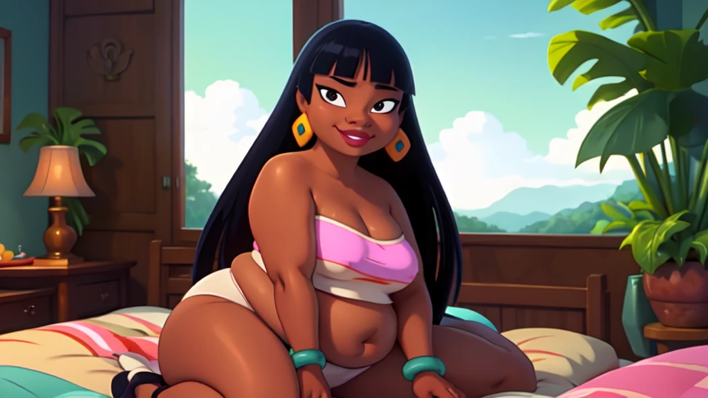 (work of art:1.2, best qualityer:1.2), soft ambient lighting, perfect lighting, 1 girl, standing alone, Chel, Bblack hair, long hair, rhombus stripe, eyes browns, darkskin, lipstick, breasts big, Broad Hips, top of the tube, neckleace, bared shoulders, emerald earrings, emerald bracelets, looking at the camera with a smug expression on his face, beach background, very large body, fat belly rolls, big breasts, sexy smile, fat arms, thunder thighs, super fat, looking at viewer, wet clothes, sweating very hard, sexy looking, blob, breathtaking, bedroom, lying in bed, home