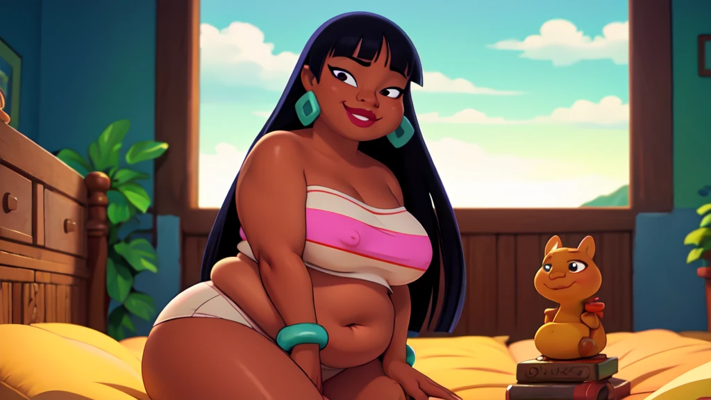 (work of art:1.2, best qualityer:1.2), soft ambient lighting, perfect lighting, 1 girl, standing alone, Chel, Bblack hair, long hair, rhombus stripe, eyes browns, darkskin, lipstick,  big, Broad Hips, top of the tube, neckleace, bared shoulders, emerald earrings, emerald bracelets, looking at the camera with a smug expression on his face, beach background, very large body, fat belly rolls, big bresmile, fat ar thunder thighs, super fat, looking at viewer, wet clothes, sweating very hard, sexy looking, blob, bthtaking, bedroom, lying in bed, home