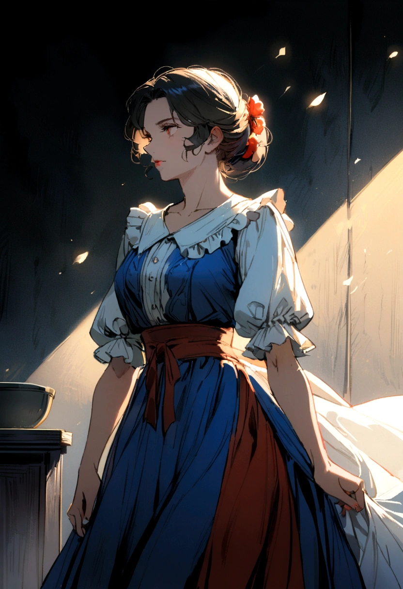 1910s peasant woman wearing elegant red white blue colored dress