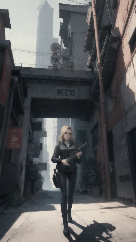 GTAV Loading Screen 2D Graphics, wide angle, whole body, blonde girl holding a machine gun and shooting, GTA5 character, cinematographic composition, in front of a city, shadow, bright cinematic lighting, soft contrast, GTA5 loading screen, gta art, 4K Wallpaper, 4K Wallpaper, high quality 4k wallpaper, gta loading screen graphics, arte the fan, art of rockstar games