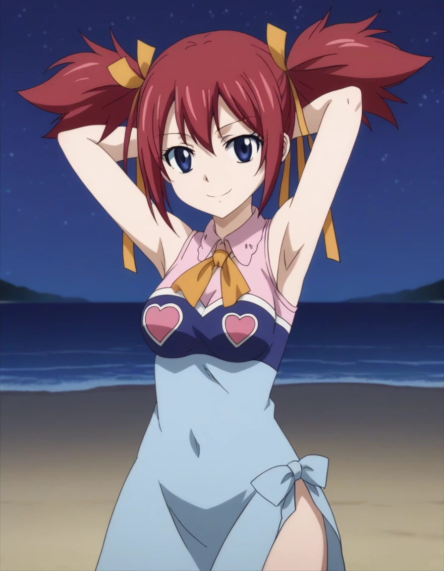 chelia_blendy, source_anime, rating_safe, intricate details, anime screencap, anime coloring, 1girl, solo,  red hair, blue eyes, ribbon, hair ribbon, twintails, short twintails, looking at viewer, solo, contrapposto, spread armpit, arms behind head, smile, looking at viewer, (cowboy shot:1.5), closed mouth, night sky, beach, high quality,