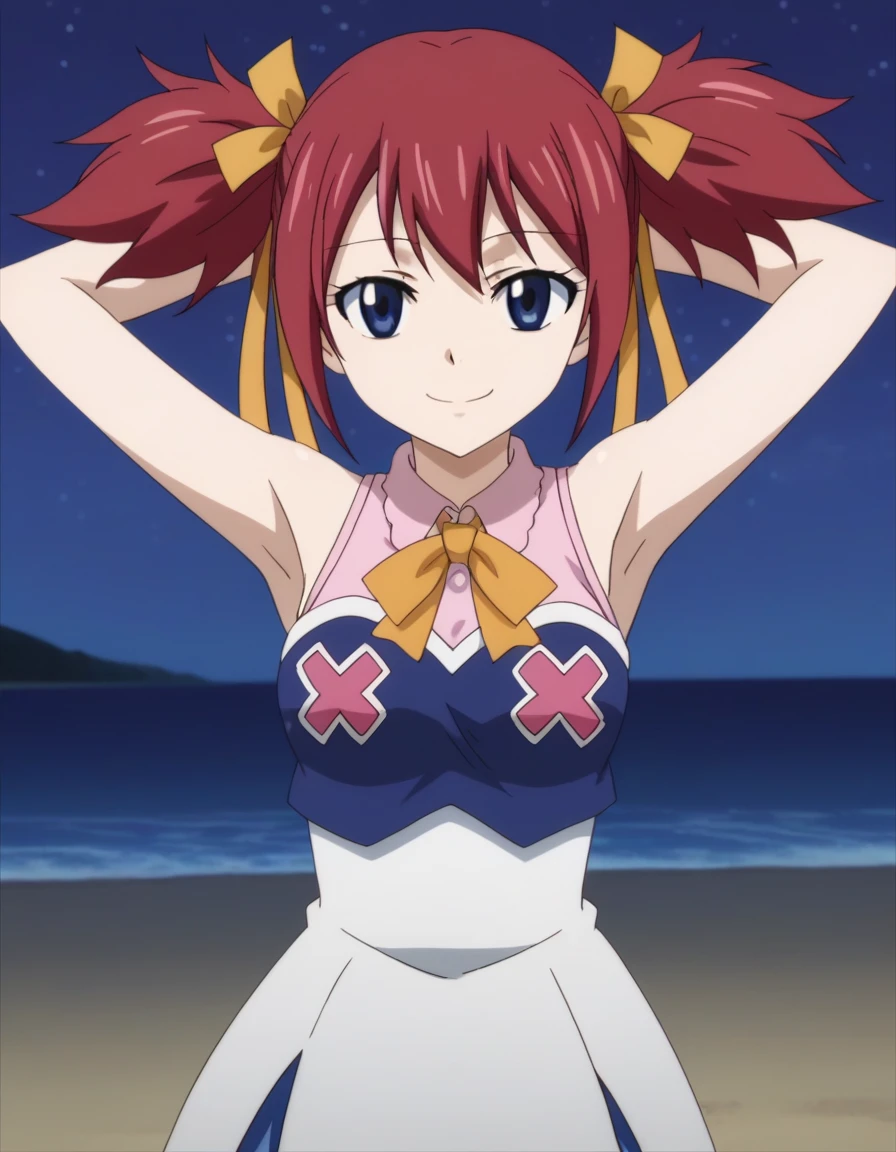 chelia_blendy, source_anime, rating_safe, intricate details, anime screencap, anime coloring, 1girl, solo,  red hair, blue eyes, ribbon, hair ribbon, twintails, short twintails, looking at viewer, solo, contrapposto, spread armpit, arms behind head, smile, looking at viewer, (cowboy shot:1.5), closed mouth, night sky, beach, high quality,