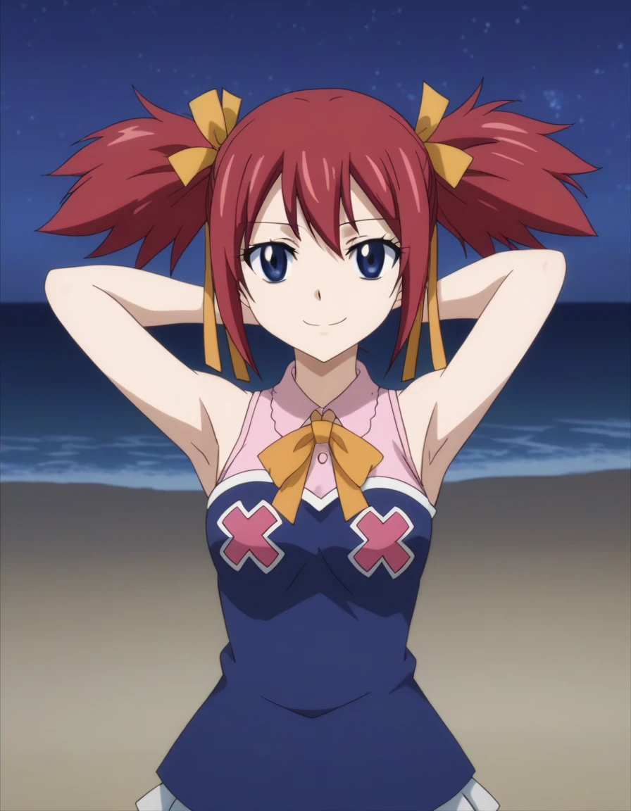 chelia_blendy, source_anime, rating_safe, intricate details, anime screencap, anime coloring, 1girl, solo,  red hair, blue eyes, ribbon, hair ribbon, twintails, short twintails, looking at viewer, solo, contrapposto, spread armpit, arms behind head, smile, looking at viewer, (cowboy shot:1.5), closed mouth, night sky, beach, high quality,