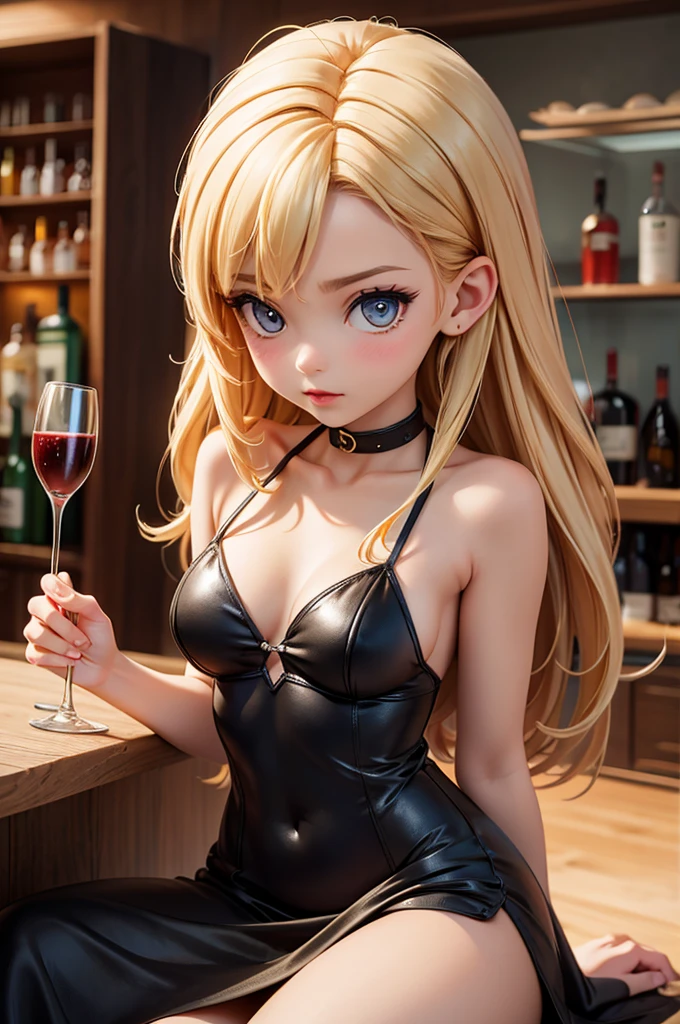 (bar) (night) hyperrealistic american teen, blonderfect tiny body, sexy, dark makeup, perfect slim face, big red lips, very cute face, tiny body, big eyes, young looking, childish looking, tight black dress, big breasts, deep neckline, holding a glass of wine, sitting
