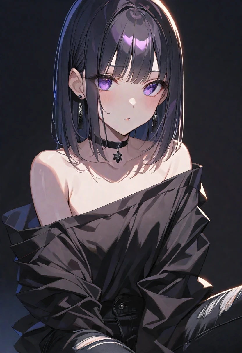 solo, handsome, Glossy feel,
1. Female,
Hime cut,Straight Hair,Bob Hair,
black hair,
Nakano Yotsuba,
purple Eyes,Soft look,beautiful,beautiful,Sexy,Darkness,Lots of black earrings,choker,
black Off Shoulder,black Distressed jeans,
skin,Alluring,
black background,