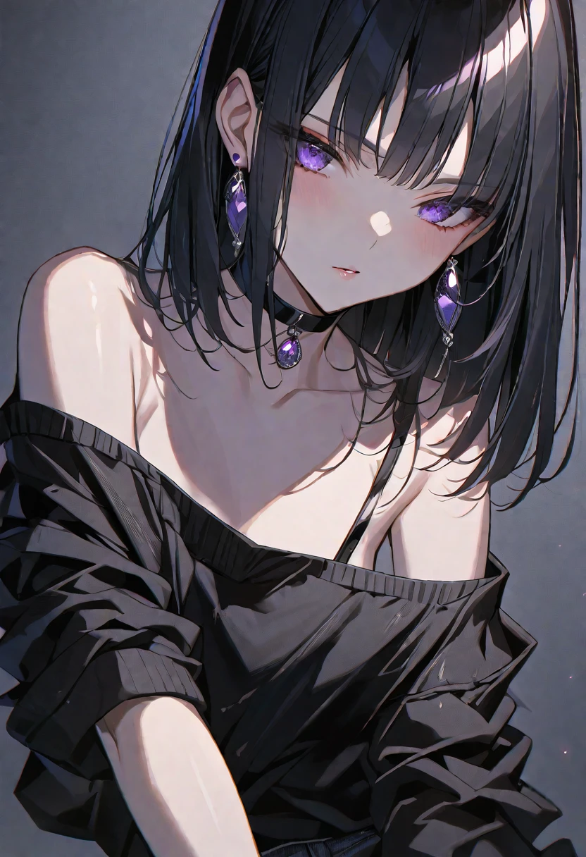 独奏, handsome, Glossy feel,
1. Female,
hime cut,Straight Hair,Bob Hair,
black hair,
nakano yotsuba,
purple Eyes,Soft look,beautiful,beautiful,sexly,Darkness,Lots of black earrings,choker,
black Off Shoulder,black Distressed jeans,Black Bra,
skin,Alluring,
black background,