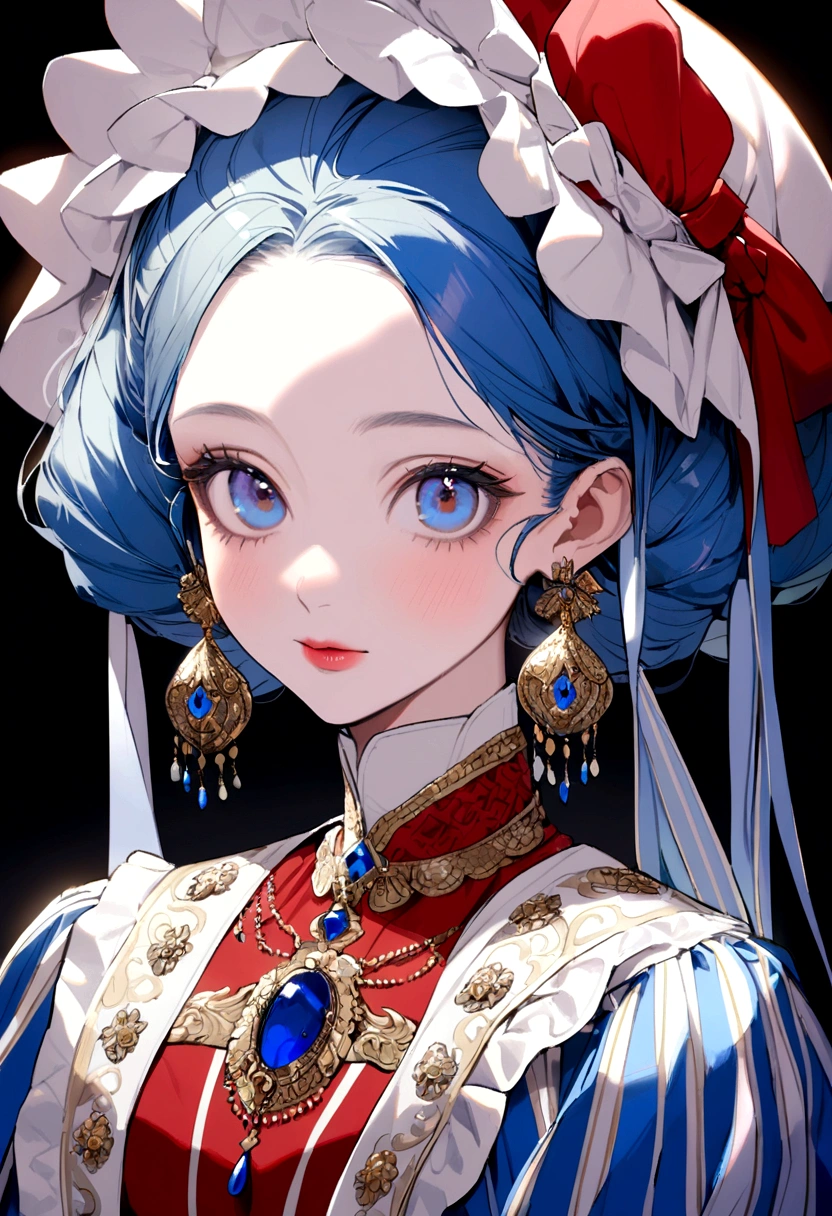 2020s peasant woman wearing elegant red white blue colored dress
