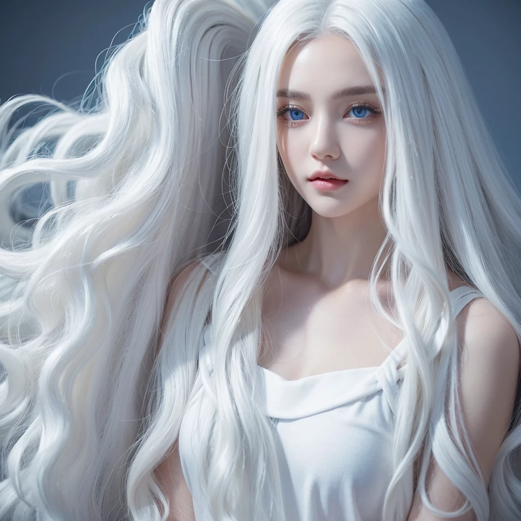 1 woman, White long curly hair，Natural and beautiful hair, clean and beautiful. White hair. Close lips. Blue natural eyes. Black clothes. 