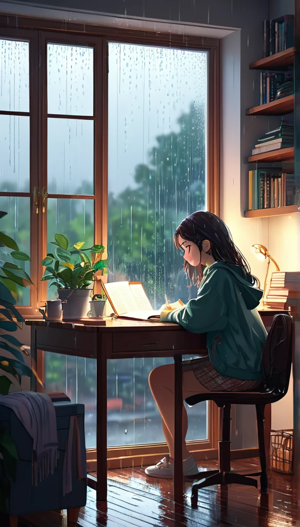 A girl studying at the desk, with rain in the window, cute clothes, cozy ambiance, 8K, Detailed.