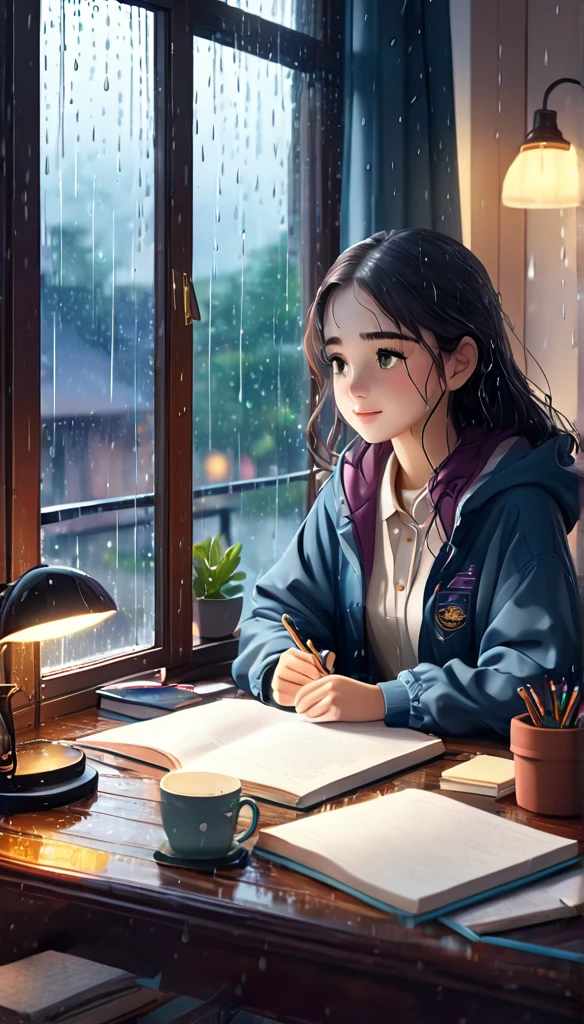 A girl studying at the desk, with rain in the window, cute clothes, cozy ambiance, 8K, Detailed.