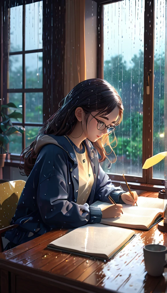 A girl studying at the desk, with rain in the window, cute clothes, cozy ambiance, 8K, Detailed.