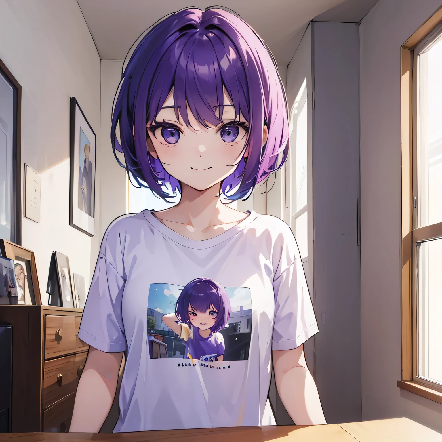 (T Masterpiece，4k wallpaper，Best Quality))、((girl１people))、(solo)、Bright and Brilliant，(Purple Hair)、(short hair:1.3)、smile、Bedroom、T-Shirts、morning