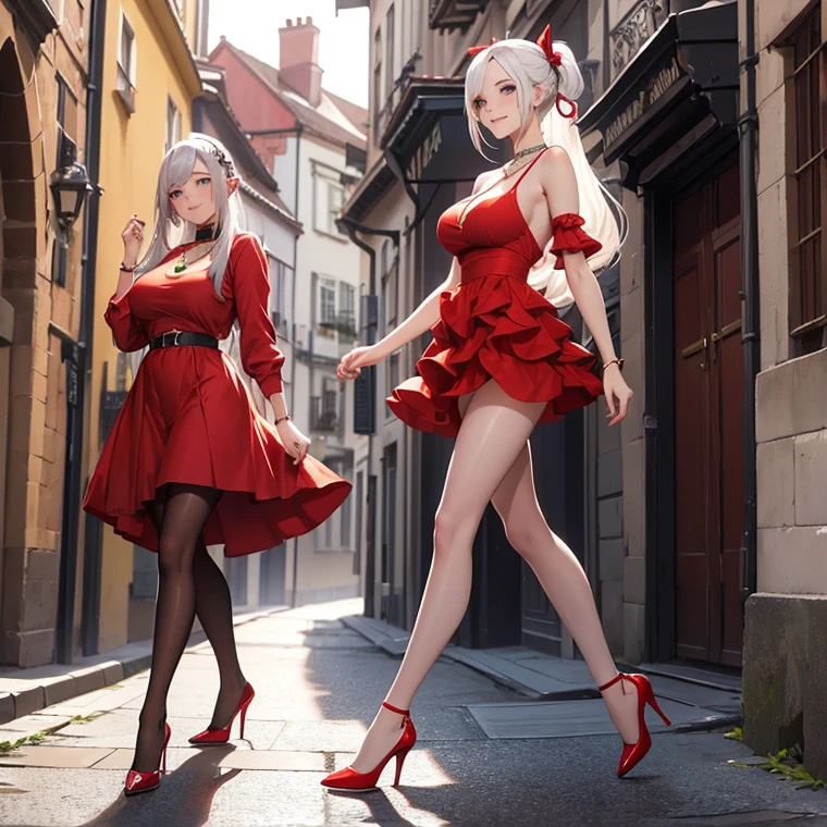 (masterpiece image, very detailed image, best high quality high definition image High very detailed Quality image, Very detailed high quality image), multiple views
1 elf girl, absolute beauty, 35 years old, pale skin, white eyes, sexy beauty features, straight long white silver hair tied in a high ponytail with a black ribbon, voluptuous body, big breasts, round butt, beautiful legs, beautiful, smiling cheerful faces and happy, (wears a red short simple dress, yellow necklace, blue high heeled shoes, yellow pantyhose)
She's walking around a modern half medieval street city