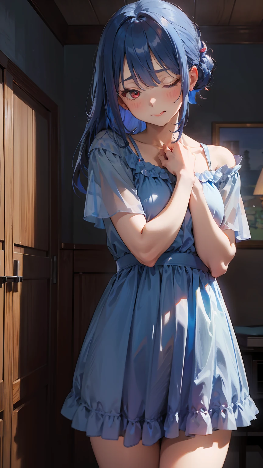 Woman1,cowboy shot,blue hair,red eyes,parted bangs,(Sleeping Dress,Shy,embarrassment,background in the room,taking out the tongue),HD,highly detailed