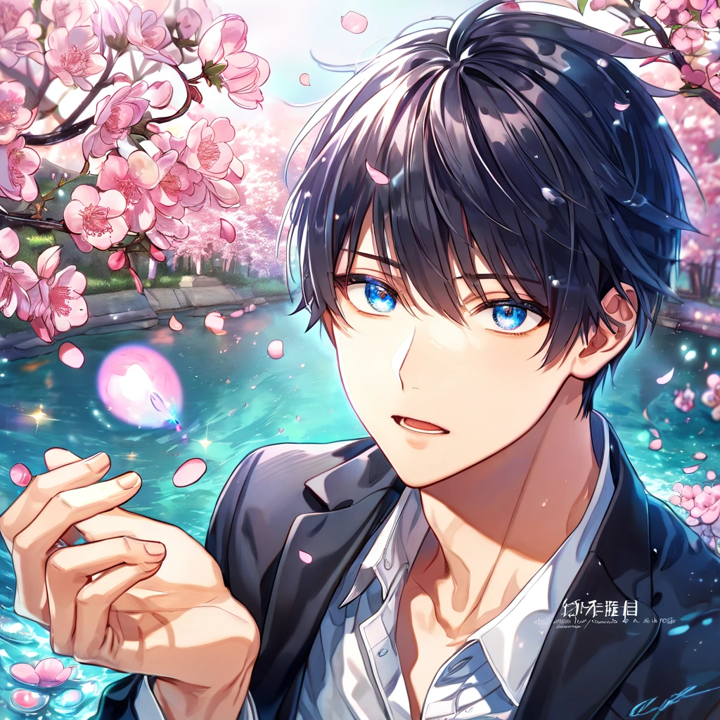 absurdres, highres, ultra detailed, HDR, master piece, Uenoyama Ritsuka, black hair, expressive blue eyes, white shirt, black jacket, Given, sexy man, solo, handsome, best quality, blossoms, pink petals, pink flowers, fantasy, magical, blue shining fireflies, water