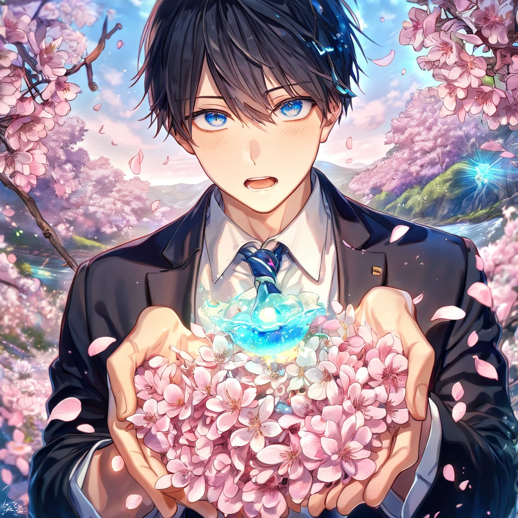 absurdres, highres, ultra detailed, HDR, master piece, Uenoyama Ritsuka, black hair, expressive blue eyes, white shirt, black jacket, Given, sexy man, solo, handsome, best quality, blossoms, pink petals, pink flowers, fantasy, magical, blue shining fireflies, water