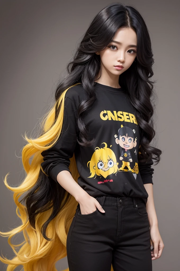Create a character with long yellow curly hair, with a long-sleeved black shirt, cartoon themed